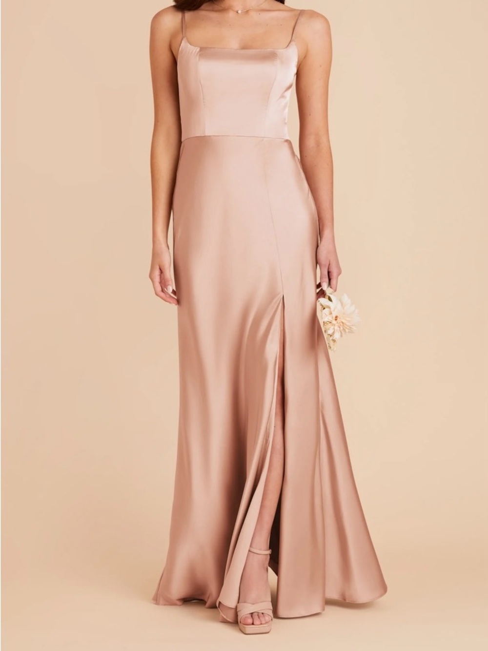 Satin Spaghetti-Strap Evening Gown in Blush (Rose Gold)